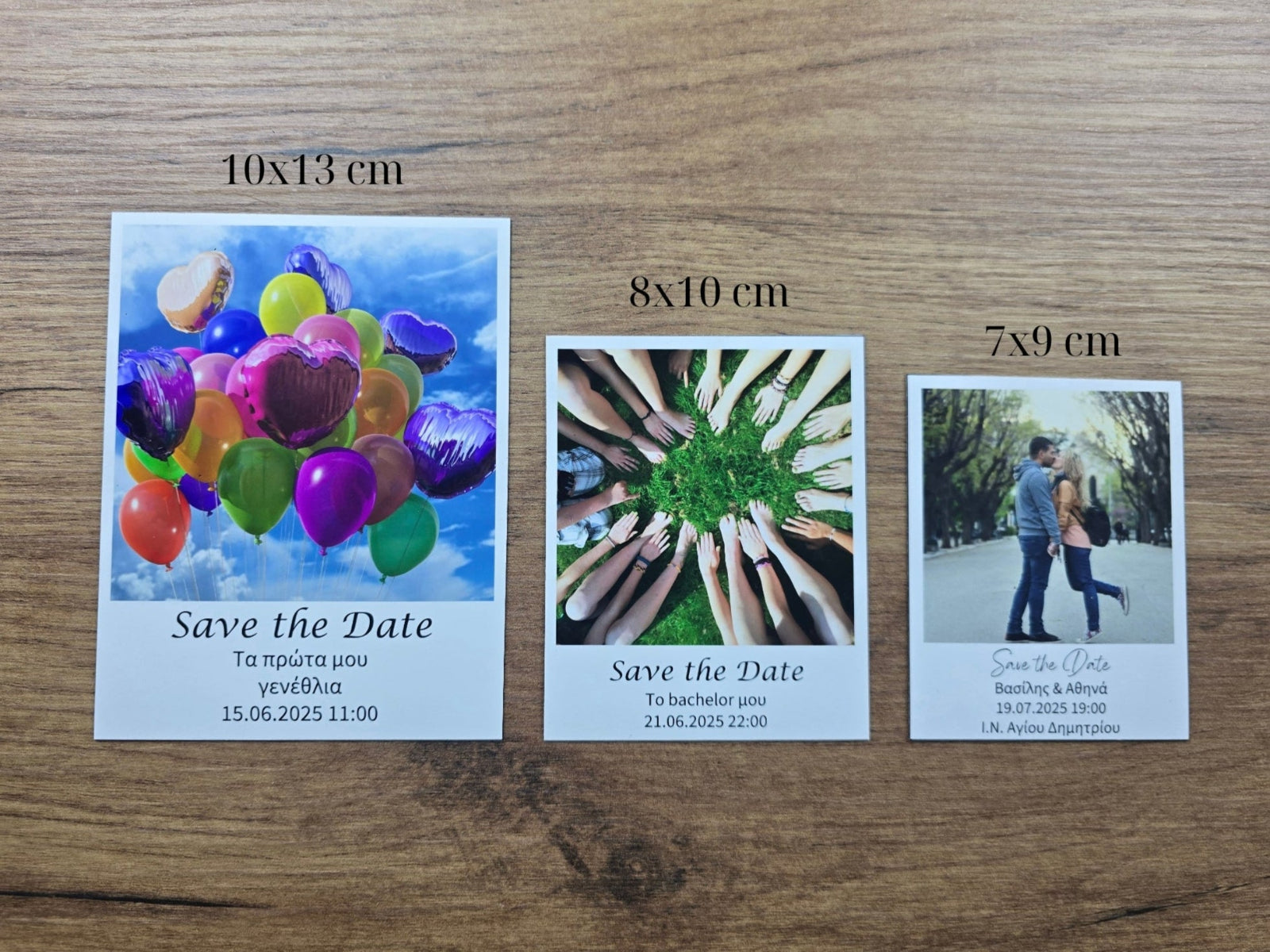 Three 'Save the Date' photo magnets of different sizes on a wooden surface.