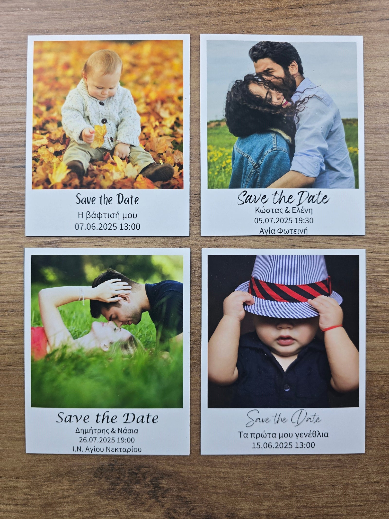 Four 'Save the Date' photo magnets with various images and text on a wooden surface.