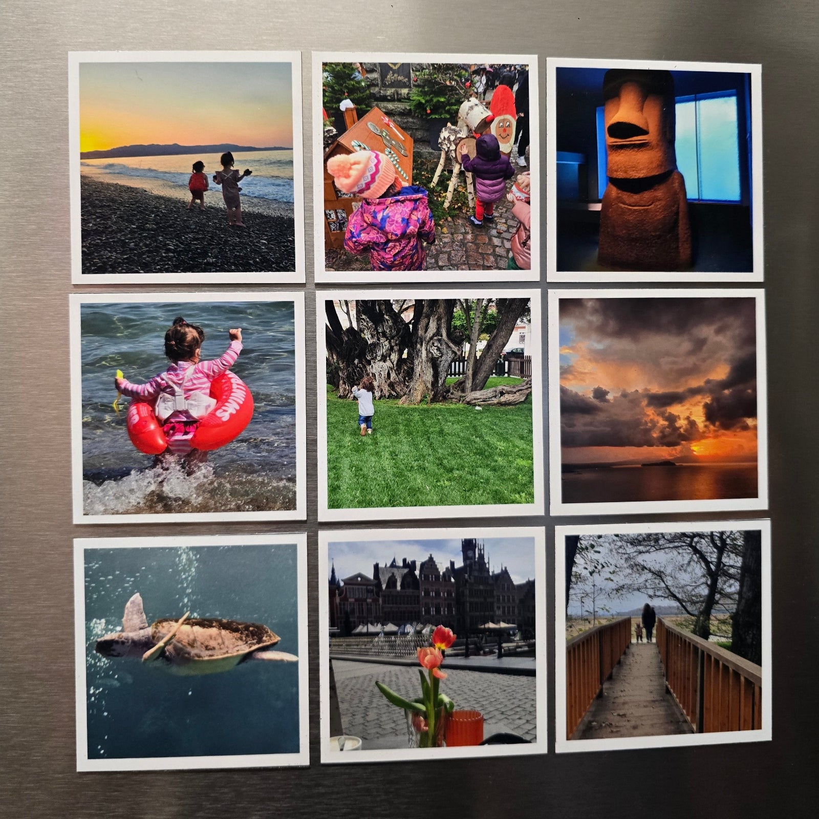 Grid of various magnet photos on a metallic surface