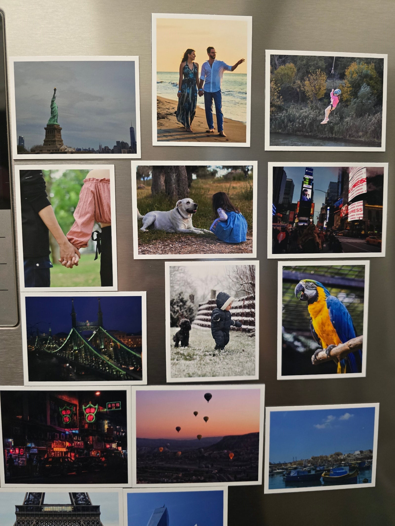 Collection of framed magnet photographs on a fridge