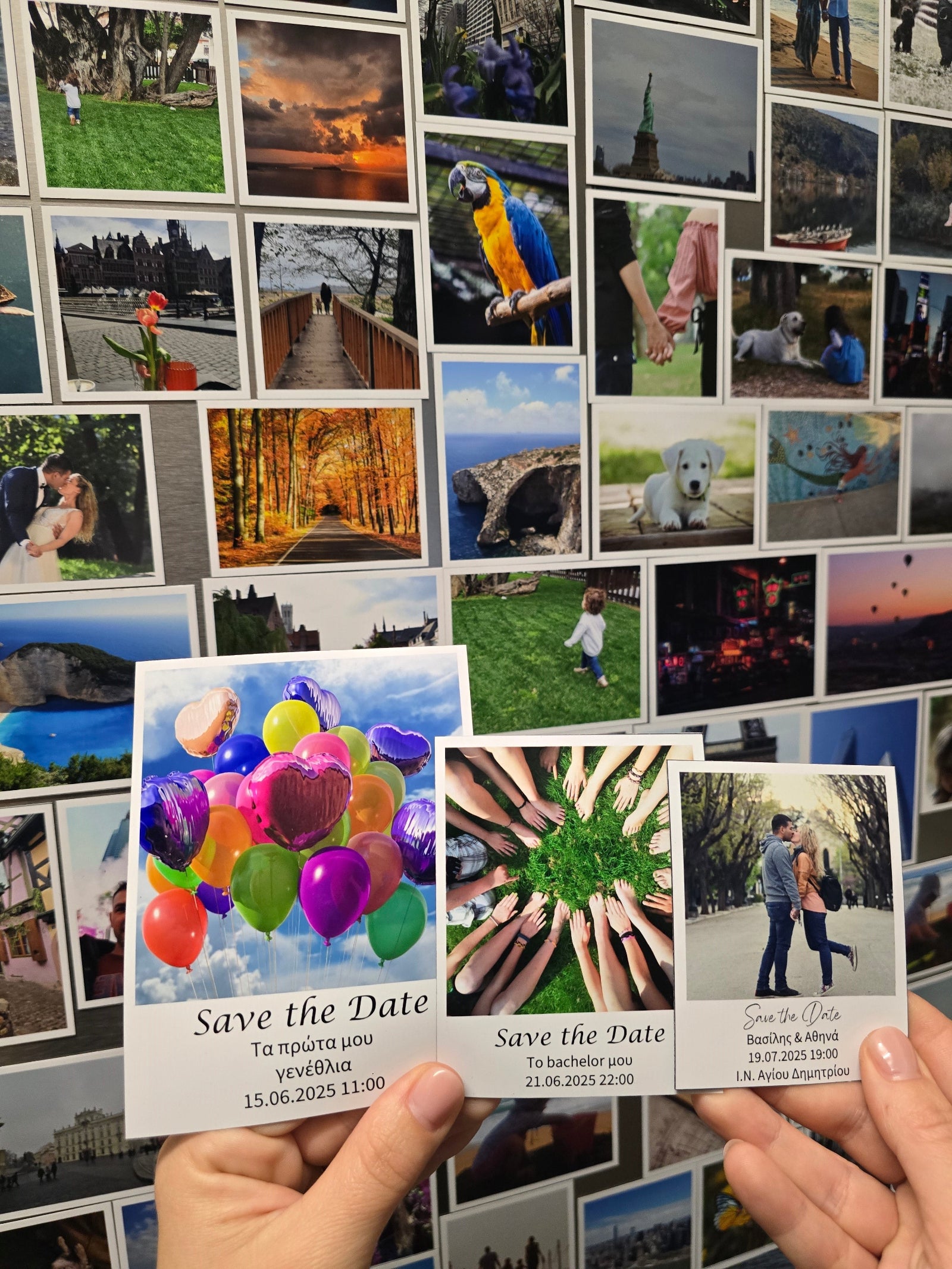 Two hands holding 'Save the Date' photo magnets with a collage of various photo magnets in the background.