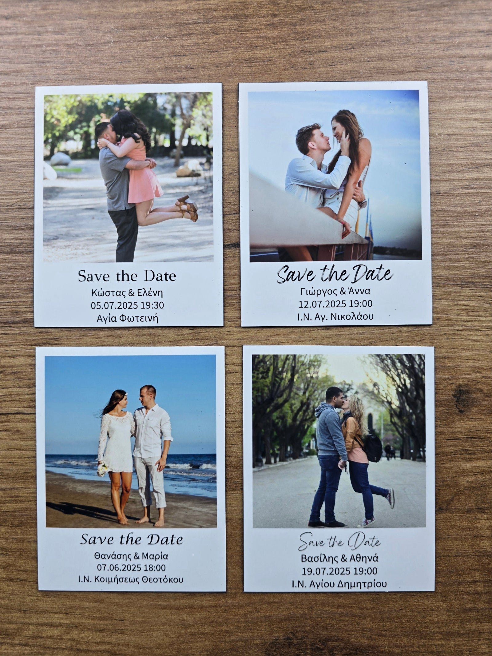 Four 'Save the Date' photo magnets with romantic photos of couples on a wooden surface.