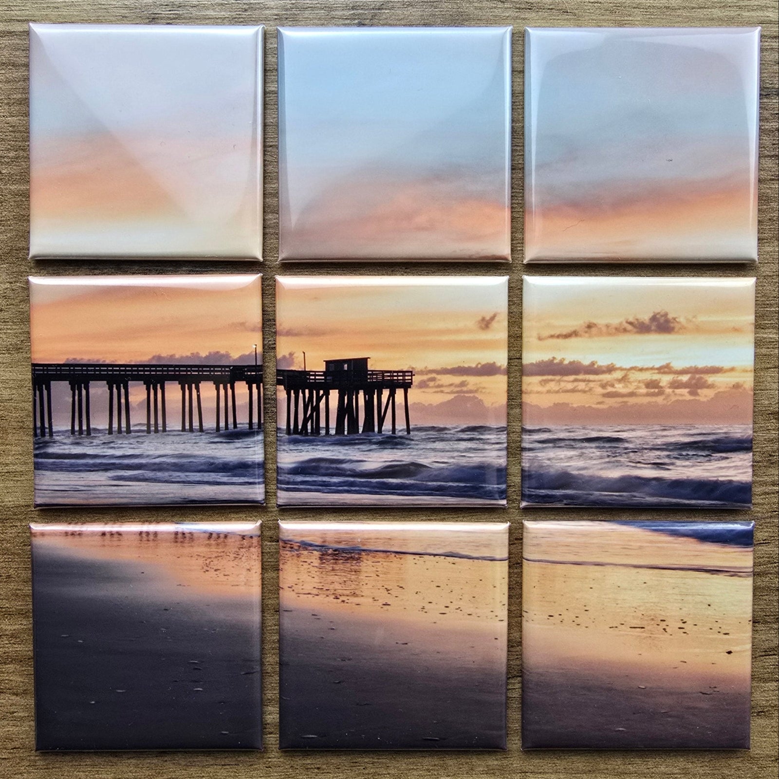 Set of nine square photo magnets tiles with a beach scene featuring a pier.